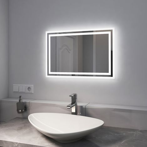EMKE Espejo de baño con luz, espejo de baño con interruptor mecánico y antivaho, LED iluminación luz blanca y luz cálida, 60 x 40 cm (1/3)