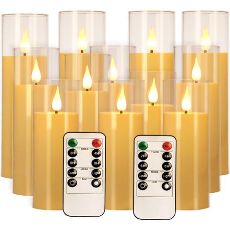 XEPHO Lot de 12 bougies LED acryliques sans flamme, effet vacillant, à piles, télécommande, intensité réglable, minuterie, mèche 3D, 3 tailles, ivoire, pour mariage et fête (1/5)