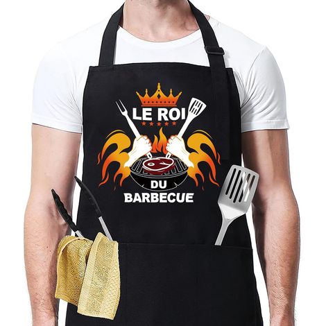 Tablier Barbecue Homme Papa Tablier Cuisine Homme Cadeau Anniversaire Fete Des Peres tablier Roi Du Barbecue Chef Humoristique Accessoire Avec 3 Poches Pour BBQ Fête Noël (1/5)