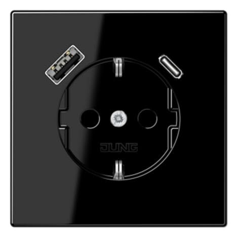 Jung Prise SCHUKO®, 16 A 250 V , avec chargeur USB, 1 x type A + 1 x type C, SAFETY+, série LS, schwarz LS 1520-15 CA SW