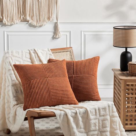 2er-Set Boho-Kissenbezüge (40x40 cm), rostfarben, mit Kreuzmuster, aus Cord, für Sofa, Schlafzimmer, Sessel oder Bett (1/5)