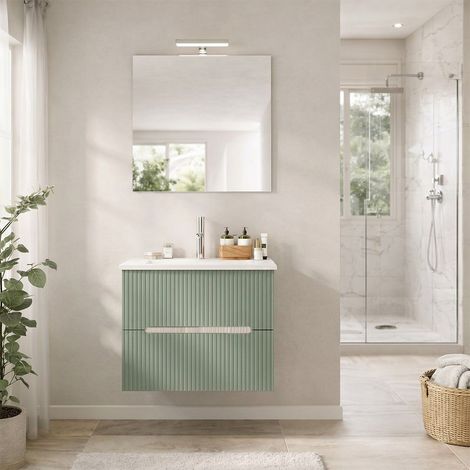 Mobile Bagno Sospeso 60Cm Rovere Ghiaccio E Verde Salvia  Magnolia
