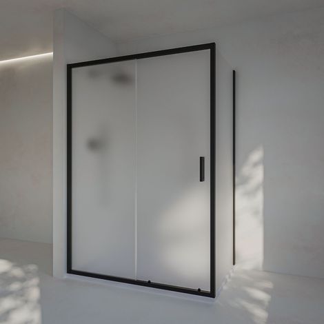Paroi de douche coulissante+fixe+latéral fixe, avec profilé inférieur, verre MAT 6mm anticalcaire, 162,5-167,5cm x Fixe 87,5-90cm H=200cm, Noir (1/5)