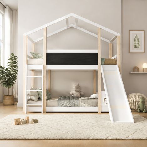 Letto a castello per bambini a casetta con scivolo e scala 90 x 200 cm, bianco/naturale HAVRYA (1/5)