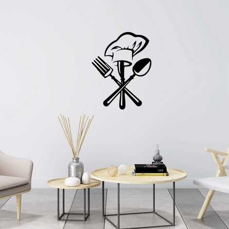 Sticker mural décoratif représentant un couteau, une fourchette et une toque de chef, idéal pour la décoration de cuisine et de restaurant. (1/5)