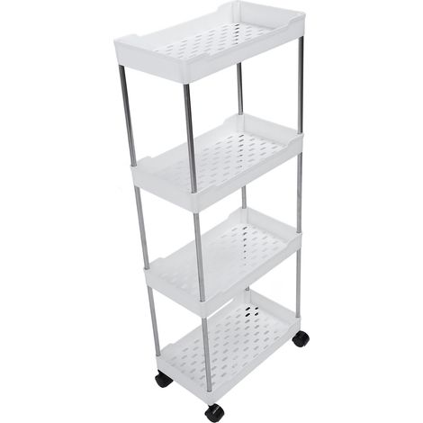 Desserte mobile de rangement large en PP et acier inoxydable 4 étages à roulettes pour salle de bain toilettes salon cuisine blanc (1/5)