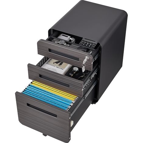 ELVMI Archivador con Ruedas con 3 Cajones con Cerradura y 5 Ruedas para Oficina en Metal Negro 53.5 x 47.0 x 62.7 cm (1/5)
