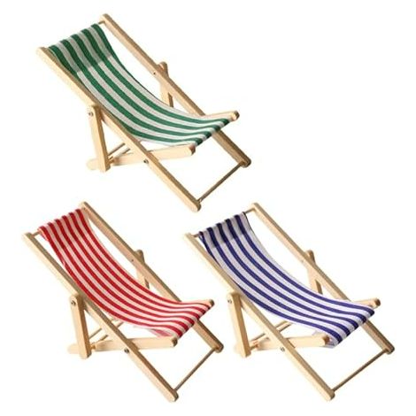 Chaises de Plage Miniatures pour Maison de Poupée, Transat Pliable en Bois à Rayures (Rouge, Bleu, Vert), Mobilier de Jardin Miniature 1:12, Accessoires de Décoration Bord de Mer (1/5)