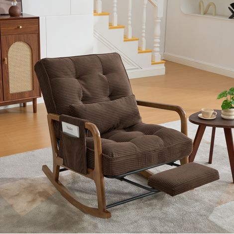 Sillón mecedora con reposapiés, respaldo regulable, pana marrón OKMYHOME (1/5)