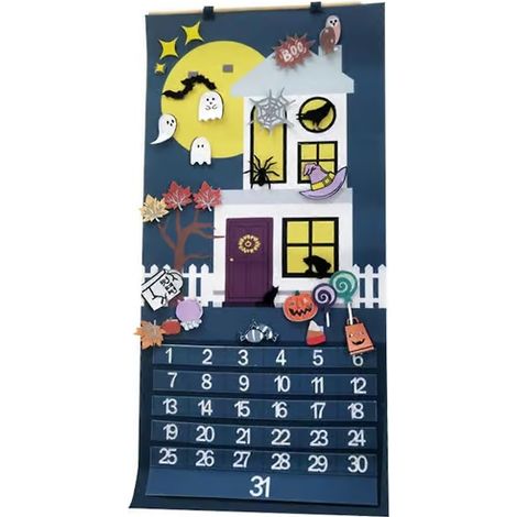 Calendrier de l'Avent Halloween 2026 31 jours Calendriers en feutre avec décorations amovibles pour mur ou porte Maison Multicolore (1/5)