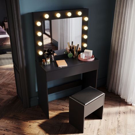 SIRHONA Toeletta con Specchio e Lampadine 3 modalità di illuminazione Con 1 cassetto e sgabello Tavolo da Trucco Stile Moderno Nero 80 x 40 x 140cm (1/5)