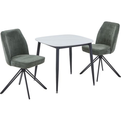 Aspen Gloss White Sintered Stone Square Table & 2 Green Swivel Dining Chairs - Metal/Fabric - L69 x W46 x H92 cm