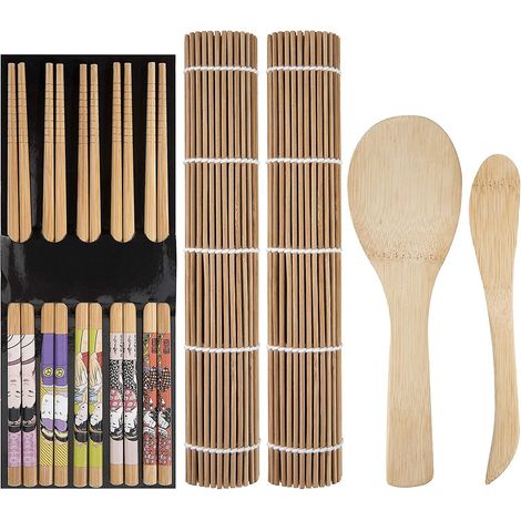 Kit à sushi en bambou, accessoires pour sushi, comprenant : tapis de roulage, baguettes, spatules à riz et saupoudreuses à riz. (1/5)