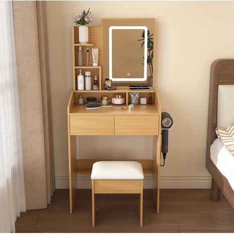 Coiffeuse LED avec miroir, prise, support sèche-cheveux et tabouret rembourré HAVRYA (1/5)