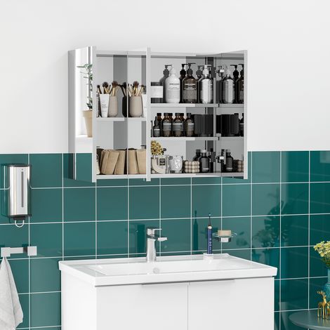 kleankin Spiegelschrank, Badschrank, 3 Spiegeltüren, 5 Innenböden, Edelstahl, Farbe: Silber, 70 x 12 x 55 cm