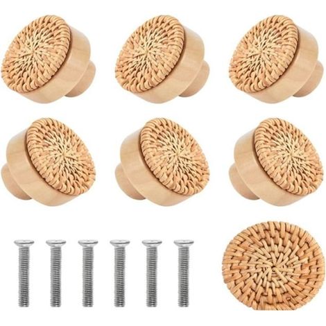 10PCS PoignéEs en Bois HêTre Rotin Tiroir Boutons Meubles PoignéE Cuisine Placard Porte PoignéE Commode Tire, 30MM (1/4)