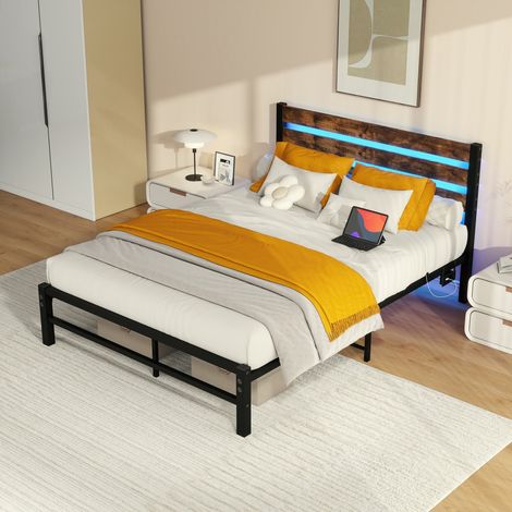 Lit double 140x200cm Cadre Métallique Tête de Lit, LED, USB, Rangement, Silencieux, Sans Sommier, Acier Robuste, Montage Facile - Marron (sans Matelas) (1/5)