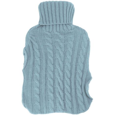 Pair Bouillotte en caoutchouc anti-explosion – Bleu clair – Grande bouillotte à double insertion mains, housse tricotée torsadée (1/5)