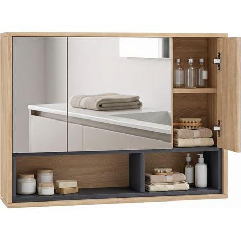 Meuble salle de bain avec miroir, armoire toilettes murale avec placards à 3 portes et 8 compartiments, chêne