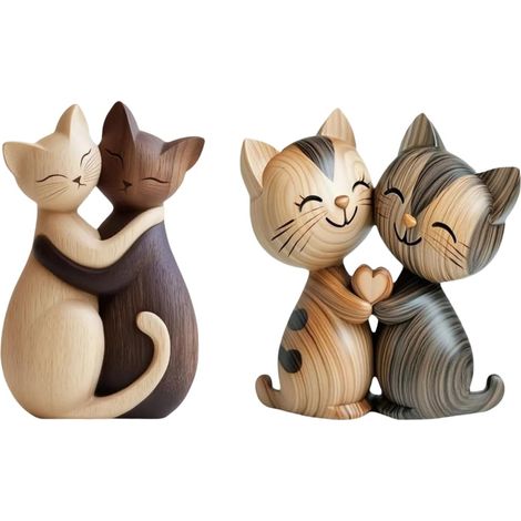 Lot de 2 sculptures en bois, couple de chats, design 2D, finition lisse, décoration bureau maison
