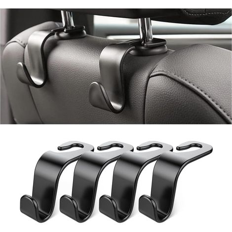 Ganci per sedile auto - 4 pezzi Ganci per poggiatesta - Accessori per poggiatesta auto - Salvaspazio - Per borse - Portafogli - Borse della spesa - Borracce (4 pezzi - Nero)