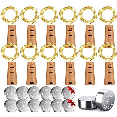 Lot 12 Guirlandes Bouteille LED, 20 LED, 2 m, Bouchon, Blanc Chaud, 12 Piles LR44, DIY, Fête, Mariage, Noël (1/5)