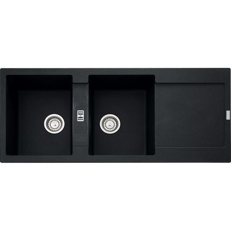 Franke – Évier 2 bacs en fragranit noir onyx 1160x500mm avec égouttoir – Traitement Sanitized® – Siphon inclus – 459471