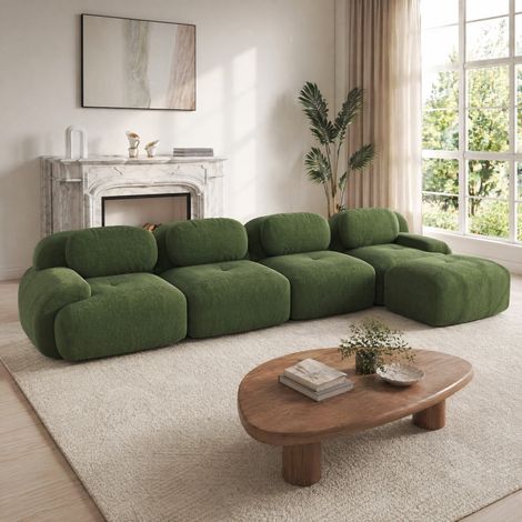 Canapé de esquina modular 4 plazas en tejido de pana verde, sin montaje, con chaise longue y base antideslizante (1/5)