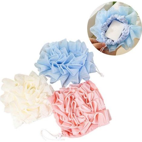 Set mit 3 Dusch- und Badeschwämmen – Weiß/Blau/Rosa – Schwämme – Peeling-Schaumnetz mit Kordelzug (1/5)