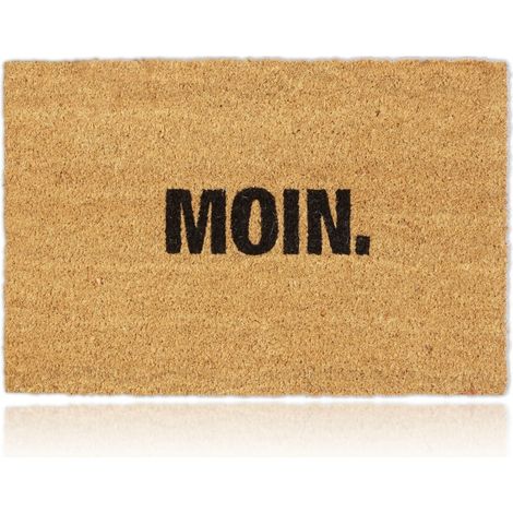 Relaxdays Coir Doormat Indoor & Outdoor, German "Moin." Phrase, Entrance Rug, Non-Slip, HxW: 60x40 cm, Natural/Black (1/5)
