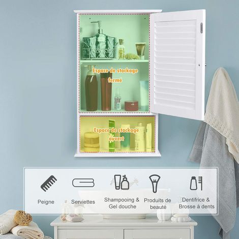 GOPLUS Armoire de Salle de Bain Murale, Armoire a Pharmacie avec Etagere Reglable, Armoire Murale avec Etagere, 1 Porte Persienne et 1 Etagere Ouverte, pour Salle de Bain, Entree, Blanc (1/5)