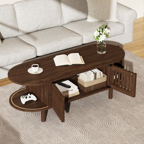 Table basse 100×40×38 cm — en MDF — de couleur noyer — avec 2 portes à lamelles — charge maximale 30 kg — pieds en bois massif, façades à lamelles verticales — pour salon — montage facile (1/5)