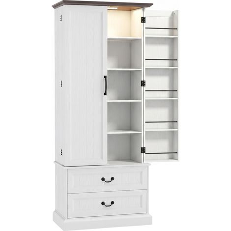 Buffet haut cuisine armoire LED capteur 2 portes tiroirs étagères réglables 76x39.5x183 cm blanc (1/5)