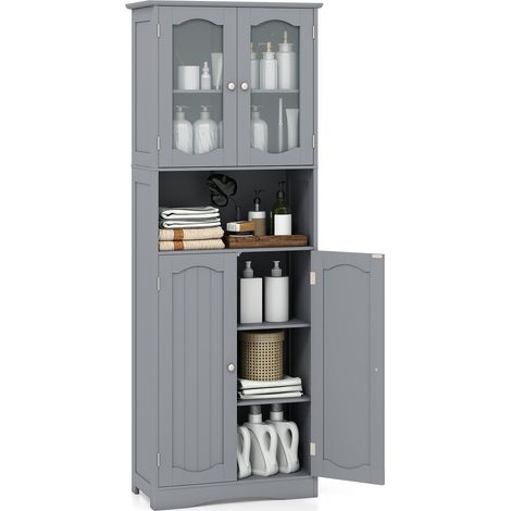 COSTWAY Tall Bathroom Storage Cabinet Tempered Glass Door Pantry Cabinet-Grey (1/5)