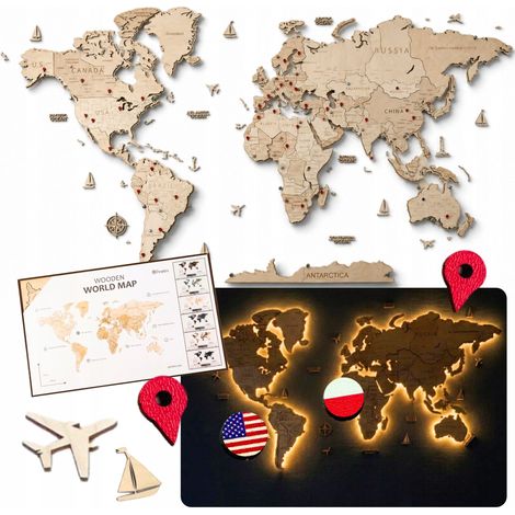 Carte du monde en bois avec rétroéclairage LED effet 3D 130x72 punaises 168 drapeaux (1/5)