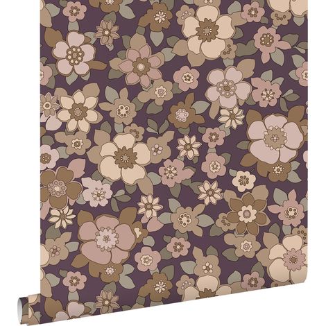 papier peint fleurs rétro violet foncé et beige - ESTAhome (1/5)