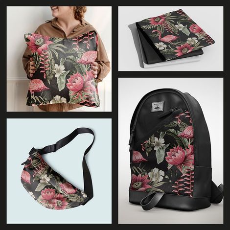 TISSUS DÉCORATIFS EXTÉRIEURS OXFORD - Motif flamant rose sur fond noir (1/5)