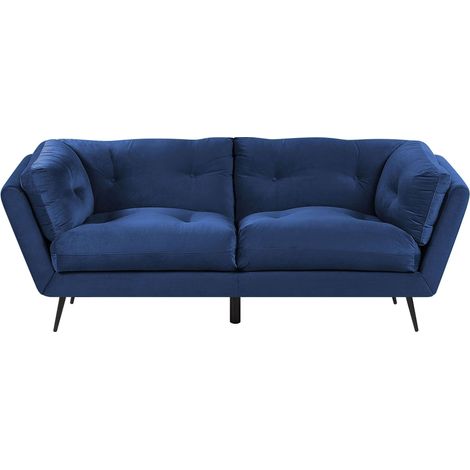 Divano 3 Posti in Velluto Blu Navy Trapuntato con Ampi Cuscini Lenvik