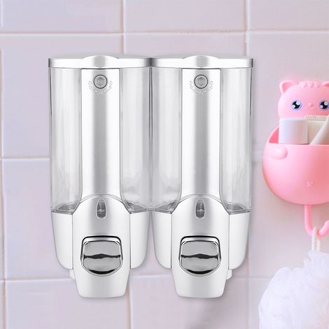Wandmontierter Seifen- und Shampoo-Spender, 2 x 350 ml, Flüssiglotion-Pumpspender fürs Badezimmer, stabile Wandmontage (1/5)