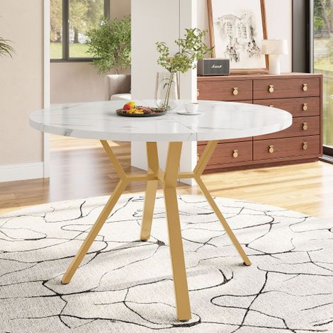 Table à manger ronde 100 cm effet marbre avec piètement en x doré en métal, design moderne et durable pour intérieur contemporain (1/5)