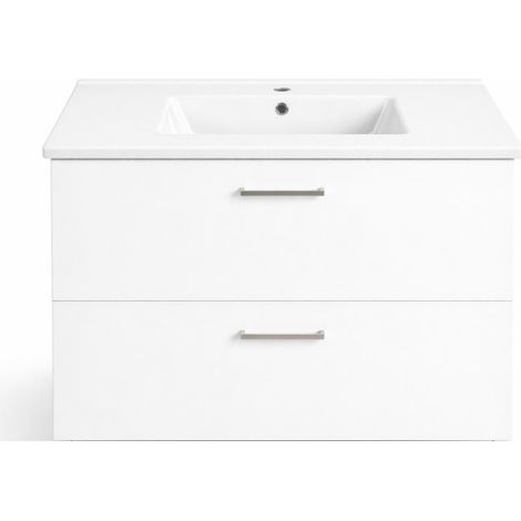 Sanijura – Meuble bas de salle de bain 80 cm – 2 tiroirs laqué blanc – Vasque céramique rectangulaire avec trop-plein – Pose suspendue (1/5)