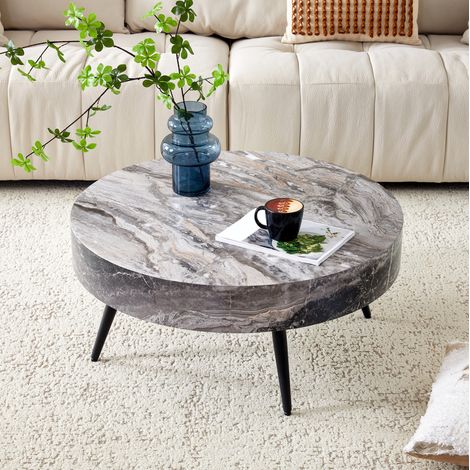 Table basse ronde 70x70x35,5 cm gris effet marbre, pieds métal noirs réglables, MDF, MEUBLIV (1/5)