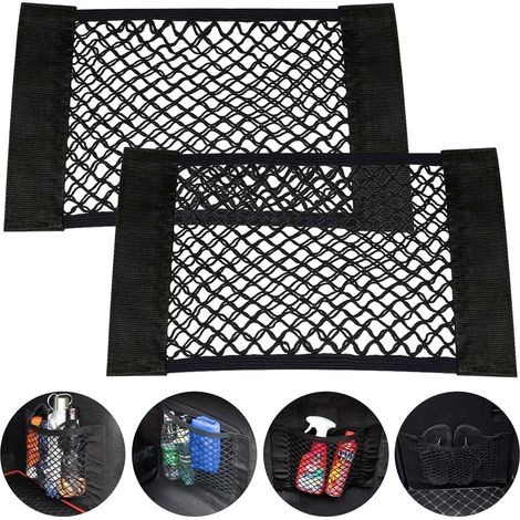 Lot de 2 sacs de rangement en filet pour voiture, coffre ou banquette arrière, parfaits pour ranger bouteilles et courses. (1/5)