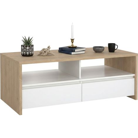 Dmora - Mesa de café Shote, Mesa de centro baja, Revistero para sofá, Estante de la sala de estar, 120x60 h46 cm, Roble y Blanco brillante