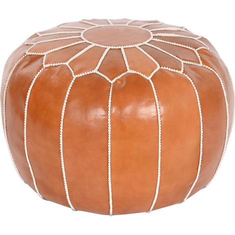 Pouf élégance confort en cuir marron pour salon - Marron caramel aux coutures contrastées (1/4)