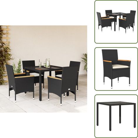 Ensemble à manger de jardin et coussins 5 pcs noir rotin verre - Salon De Jardin - Mobilier De Jardin - Set De Salon De Jardin - Table De Jardin - Chaises De Jardin (1/5)