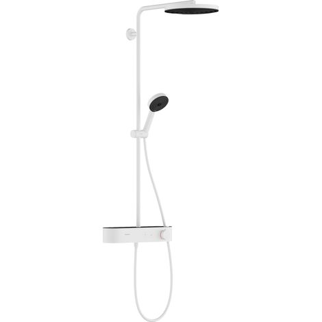 Colonne de douche avec mitigeur thermostatique, douche pluie (⌀ 260mm) avec robinet, douchette (3 jets), support, flexible de douche, barre et douche de tête ronde, Blanc mat (1/5)