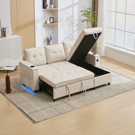 Sofá cama esquinero de 3 plazas 208 x 146 x 89,5 cm con almacenaje LED beige OKMYHOME (1/5)