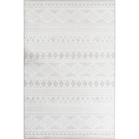 Tapis boho gris et blanc motif ikat doux en polyester - Gris clair motif ikat blanc (1/4)