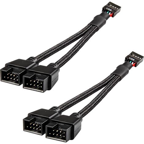 Pack of 2 USB 2.0 9-pin splitter adapters, 1 to 2 USB 9-pin, dual 9-pin female extension cable, braided nylon, USB 2.0 extension for PC motherboard (1/5)